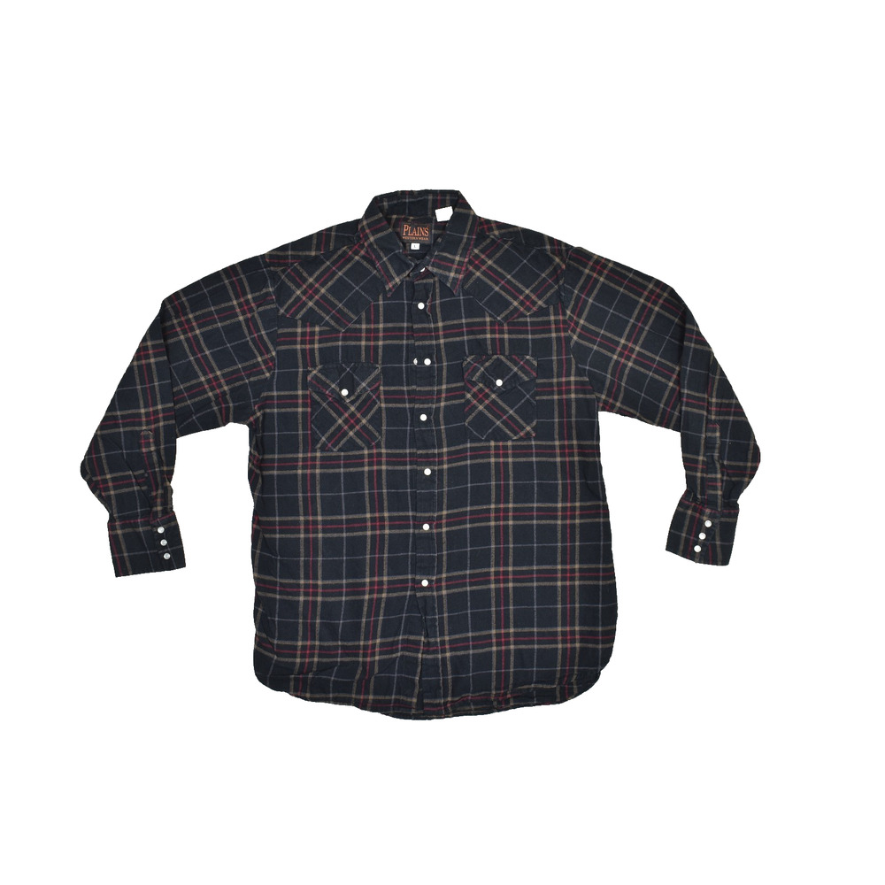 Plains Western Wear Shirt Mens Large Black Plaid Pearl Snap Long Sleeve Cotton F